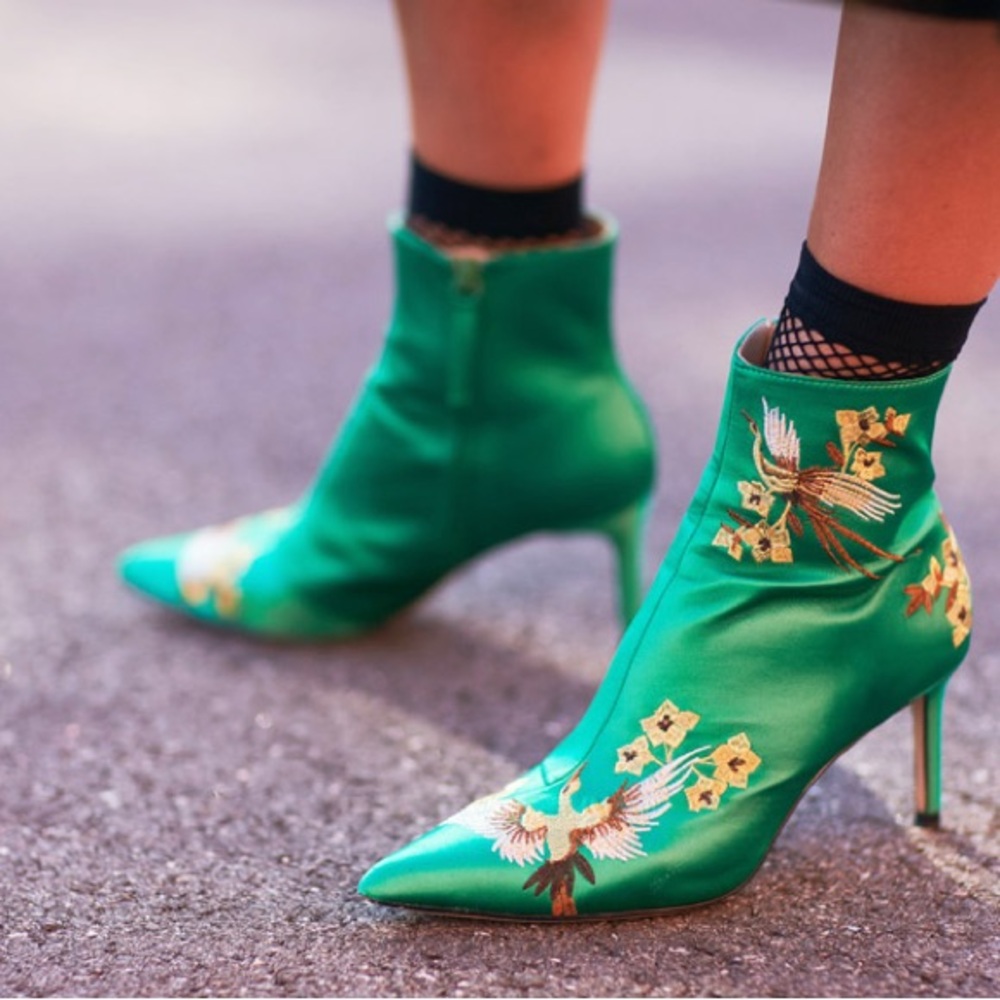 Zara Satin Green Floral Bird Heel Pointed Toe Ankle Boots - Size 8/39